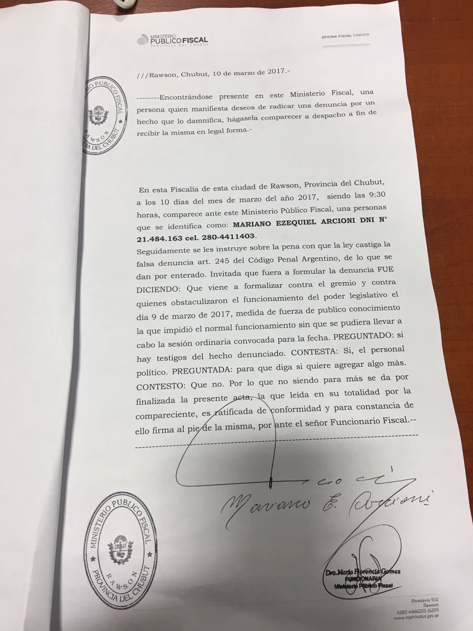 El vicegobernador se presentó en el Ministerio Publico Fiscal