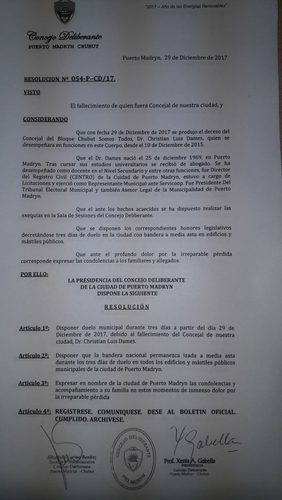 Sepelio en el Concejo Deliberante a partir de las 20 hs.