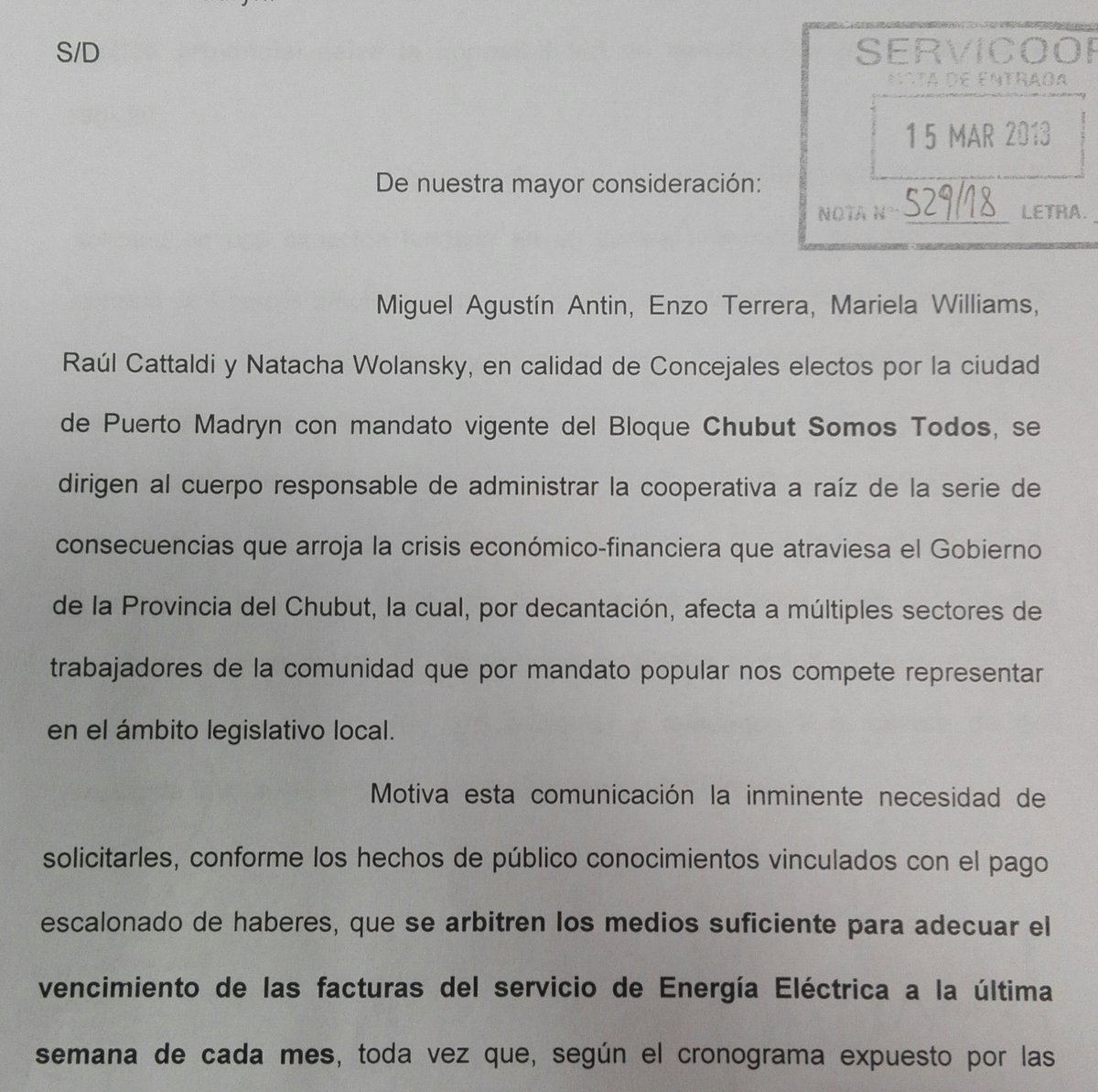 Proyecto de comunicación para solicitar a Servicoop y Camuzzi que revean los vencimientos en la factura