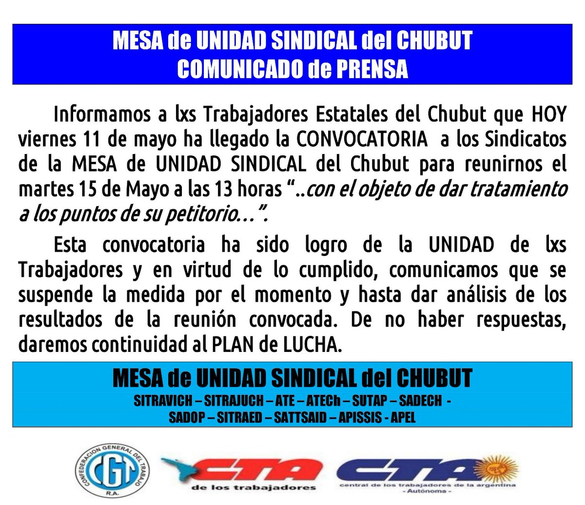 MESA de UNIDAD SINDICAL del CHUBUT COMUNICADO de PRENSA