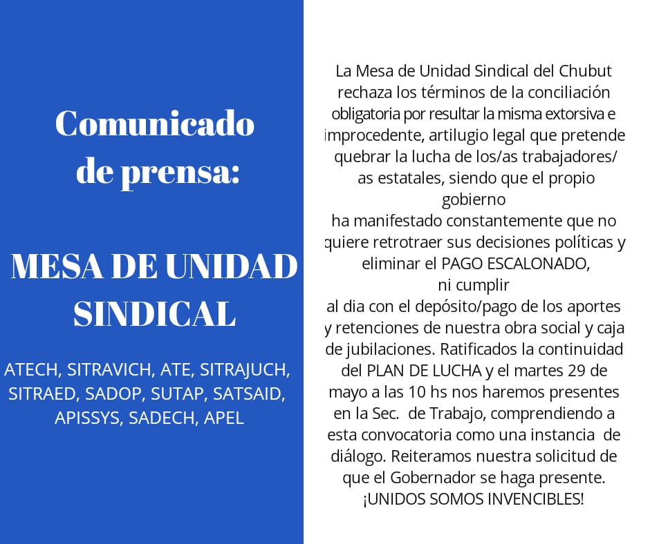 La Mesa de Unidad Sindical del Chubut rechaza los términos de la conciliación obligatoria