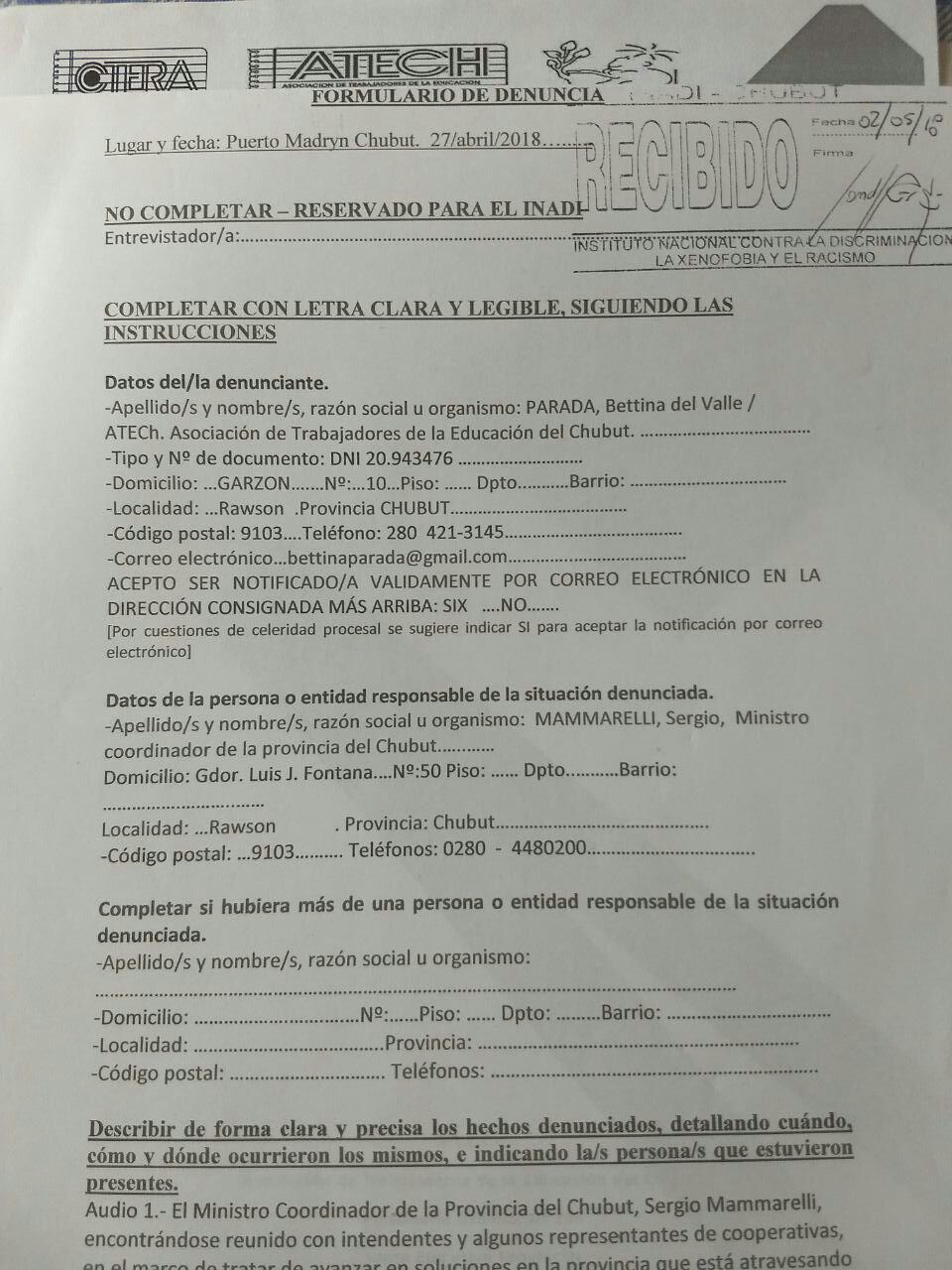 Repudio ante los violentos dichos del Sr. Sergio Mammarelli