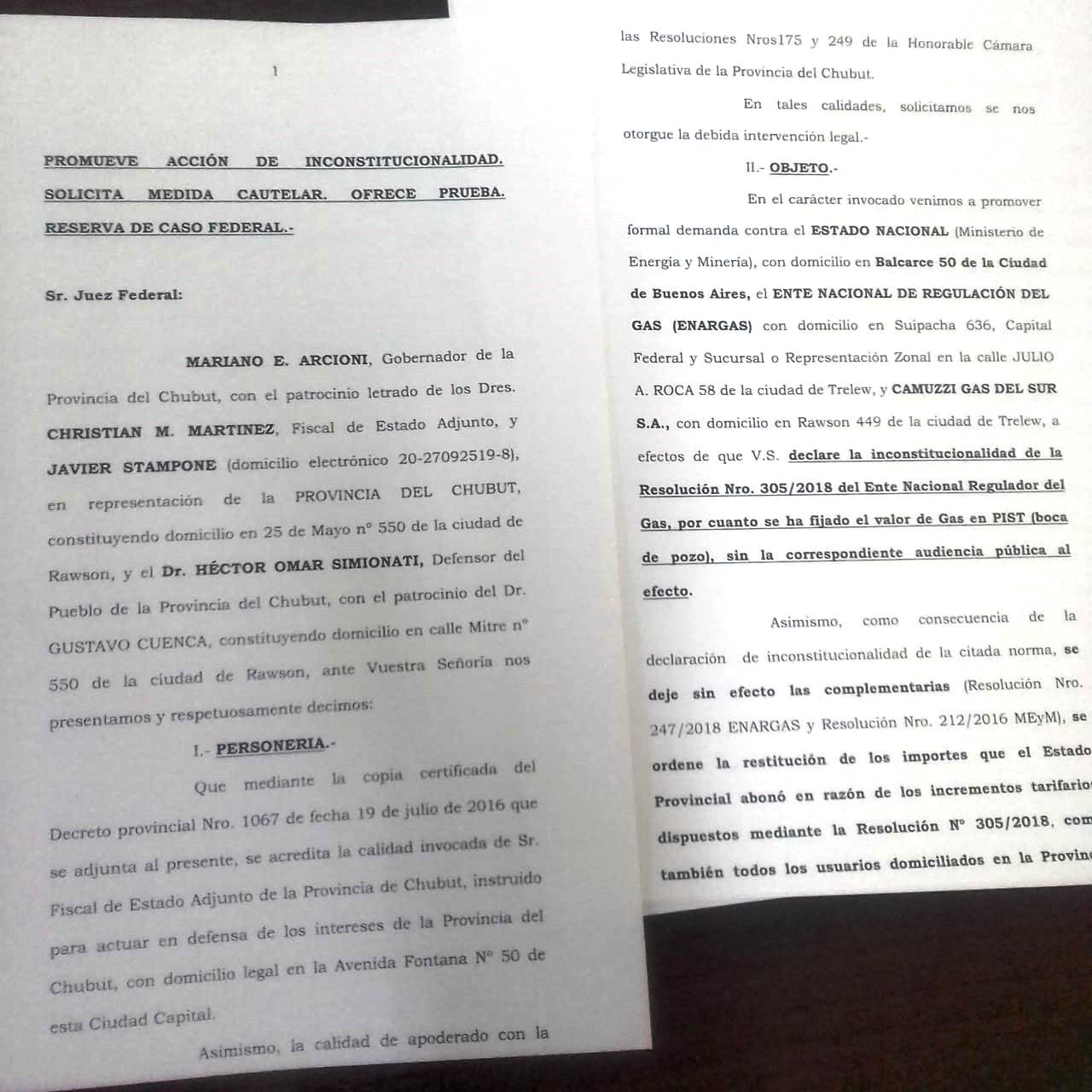 El Gobierno del Chubut presentó el pedido de inconstitucionalidad del aumento del gas