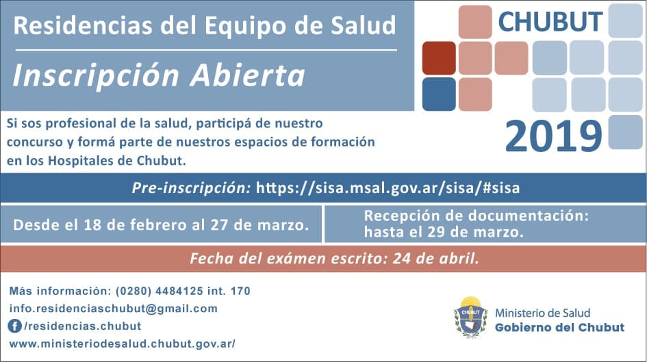 SALUD RECUERDA QUE CONTINÚA ABIERTA LA INSCRIPCIÓN A LAS RESIDENCIAS MÉDICAS DE CHUBUT 2019