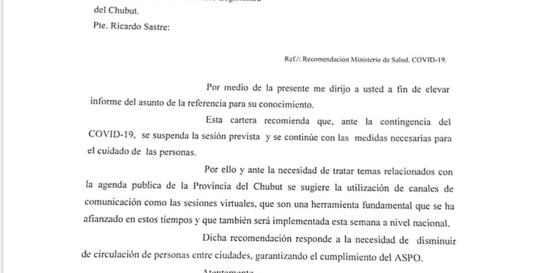 POR DISPOSICIONES DEL MINISTERIO DE SALUD, LEGISLATURA POSPONDRÁ LA SESIÓN DEL MIÉRCOLES