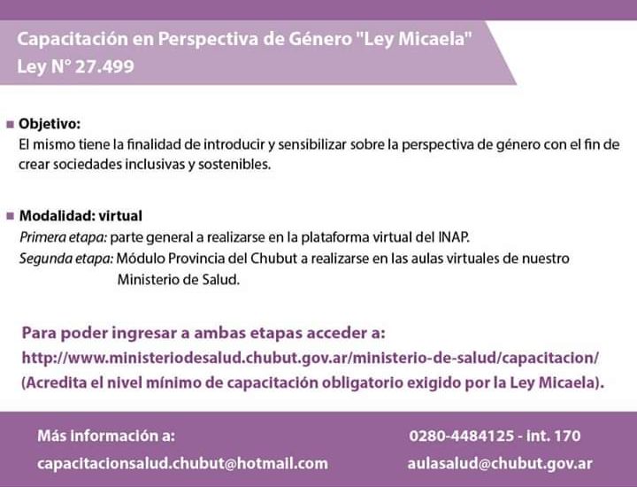 INVITAN A TODO EL EQUIPO SANITARIO DE CHUBUT A REALIZAR CAPACITACIÓN SOBRE GÉNERO Y VIOLENCIA CONTRA LAS MUJERES