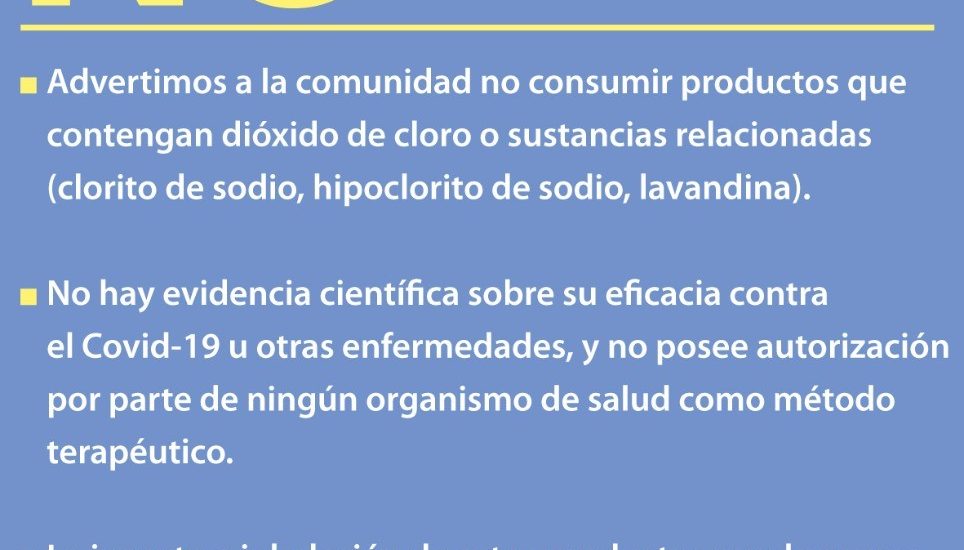 SALUD ALERTA QUE EL DIÓXIDO DE CLORO NO ES UN MEDICAMENTO Y NO ESTÁ AUTORIZADO SU USO