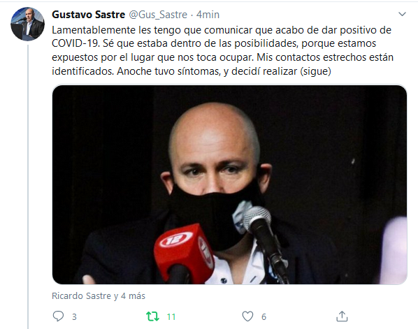 GUSTAVO SASTRE DIO POSITIVO PARA COVID Y LO INFORMÓ POR REDES SOCIALES