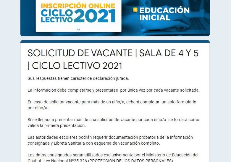EL MINISTERIO DE EDUCACIÓN RECUERDA QUE ESTÁ EN MARCHA EL PROCESO DE SOLICITUD DE VACANTES PARA EL CICLO LECTIVO 2021