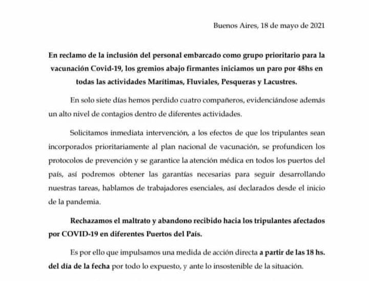 EL SOMU EN CONJUNTO CON OTROS GREMIO MARÍTIMOS DECRETARON UN CESE DE TODAS LAS ACTIVIDADES MARÍTIMAS POR 48 HORAS