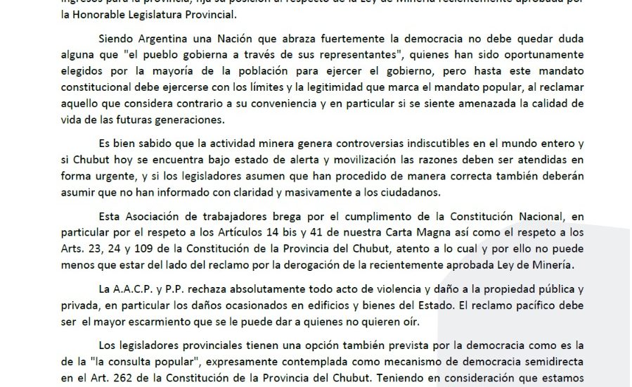 AACPyPP FIJA SU POSICIÓN AL RESPECTO DE LA LEY DE MINERÍA