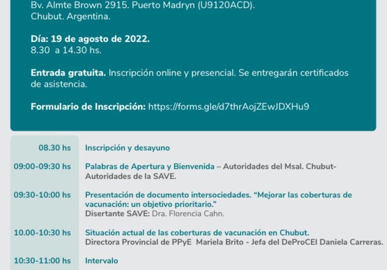 Salud invita a participar de “Jornada Provincial de Vacunología” en Puerto Madryn