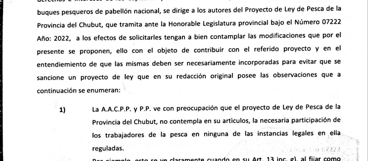 La Asociación presentó a la Legislatura del Chubut sus propuestas al proyecto de ley de Pesca