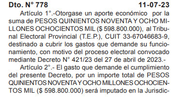 Formalizado el aporte económico de $598.800.000 para las elecciones en Chubut