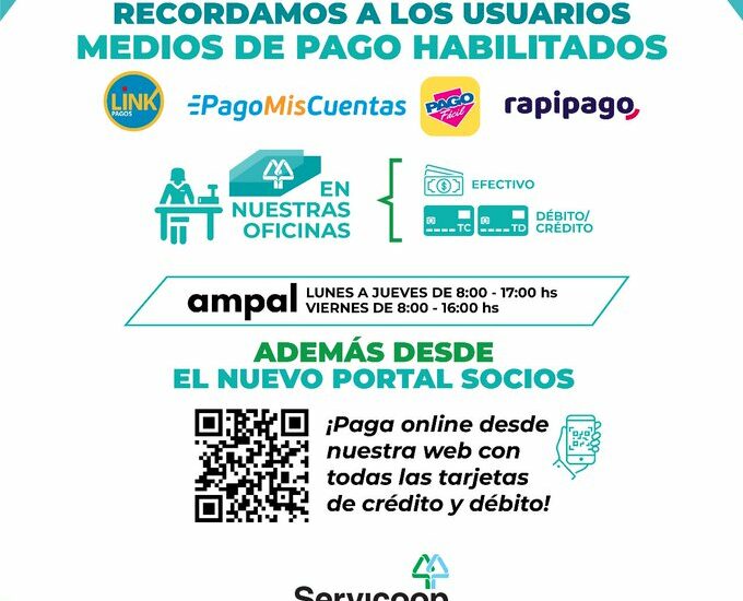 Servicoop recuerda opciones de pago para facturas