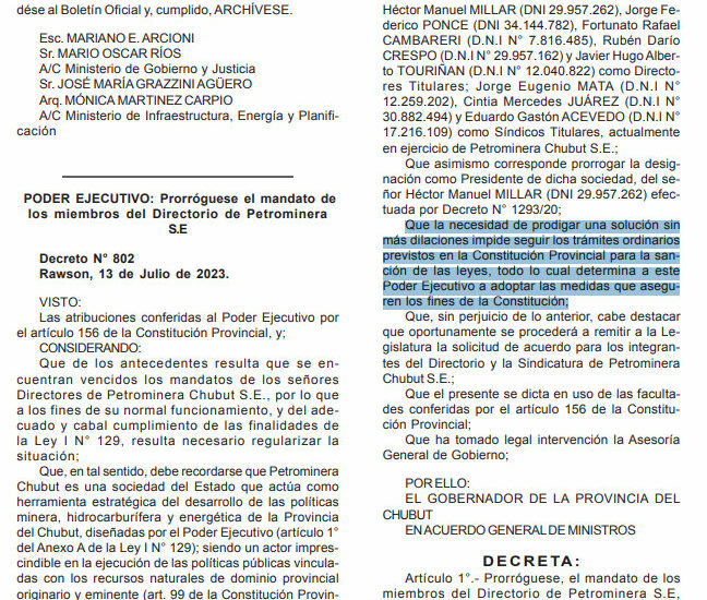 Prorrogado el Mandato del Directorio de Petrominera Chubut debido al Cese de Sesiones Legislativas