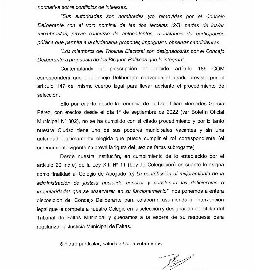 Colegio de Abogados de Puerto Madryn solicita cumplimiento de la selección de titular para el Juzgado de Faltas Municipal