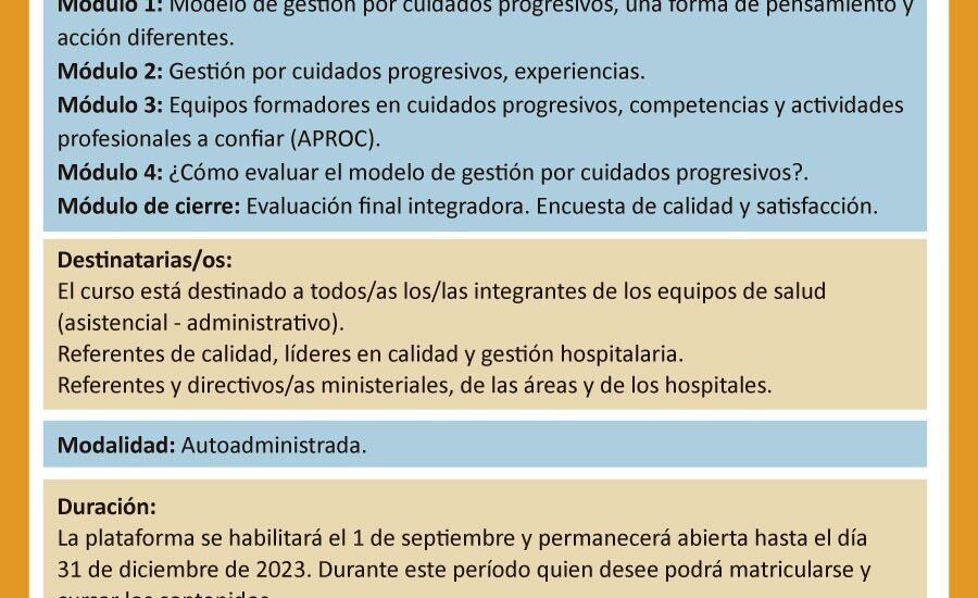 Salud: Continúa abierta la convocatoria a Curso sobre “Modelo de Gestión por Cuidados Progresivos”