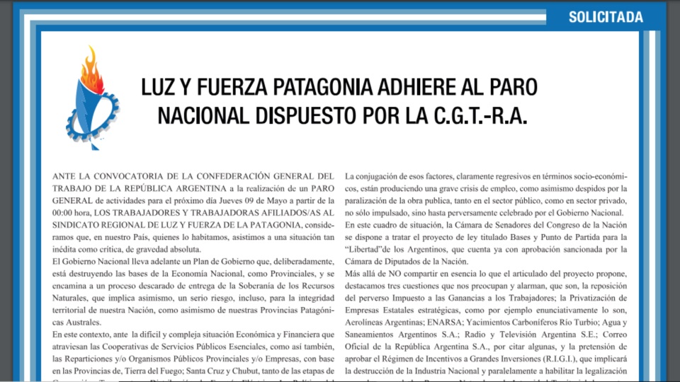 Luz y Fuerza de la Patagonia adhiere al Paro Nacional dispuesto por la CGT-RA