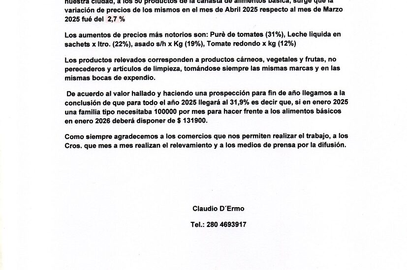 RELEVAMIENTO DE PRECIOS DE LOS PRODUCTOS DE LA CANASTA FAMILIAR EN PUERTO MADRYN