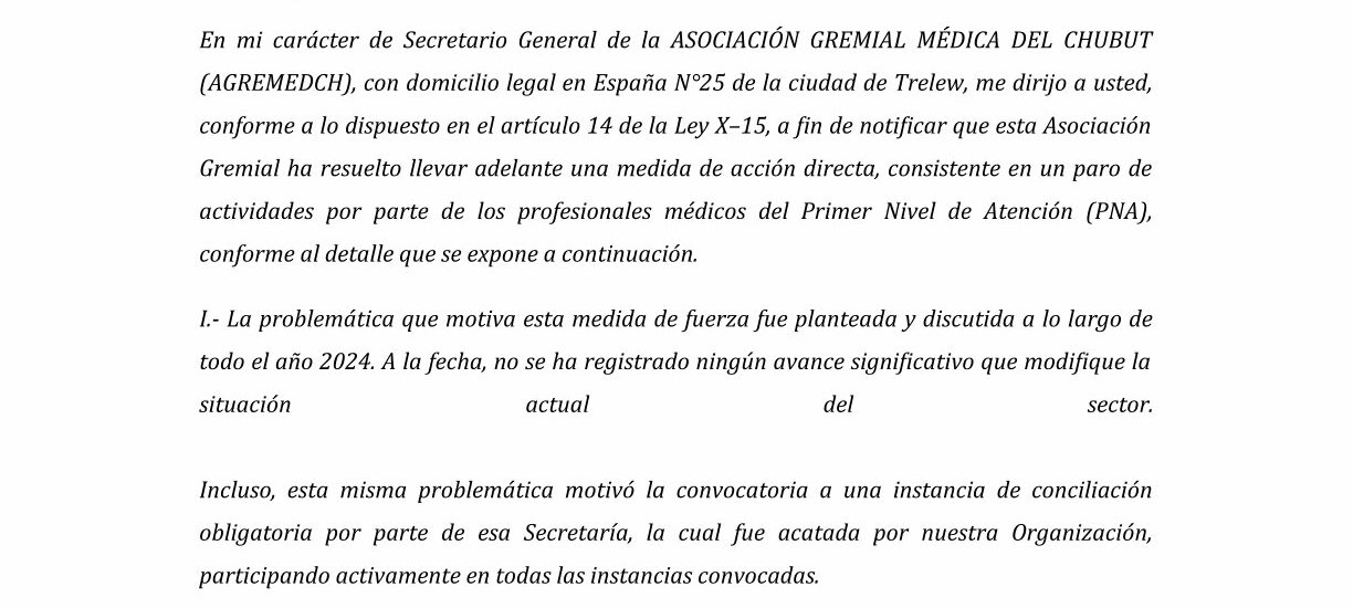 Médicos del Primer Nivel de Atención anuncian paro con reducción horaria en Chubut