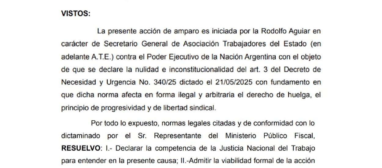 La Justicia frena el artículo 3 del DNU 340/25 tras amparo presentado por ATE
