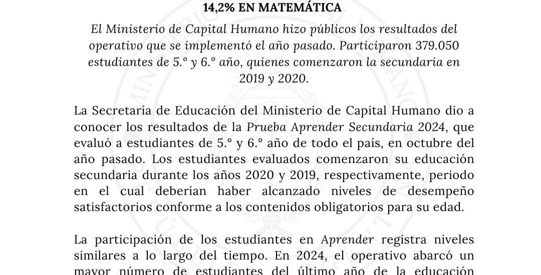 Prueba Aprender 2024: solo el 14,2% de los estudiantes alcanzan un nivel satisfactorio en Matemática