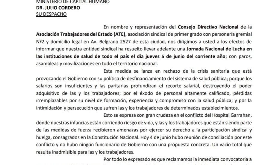 ATE convoca a una Jornada Nacional de Lucha en el sector salud